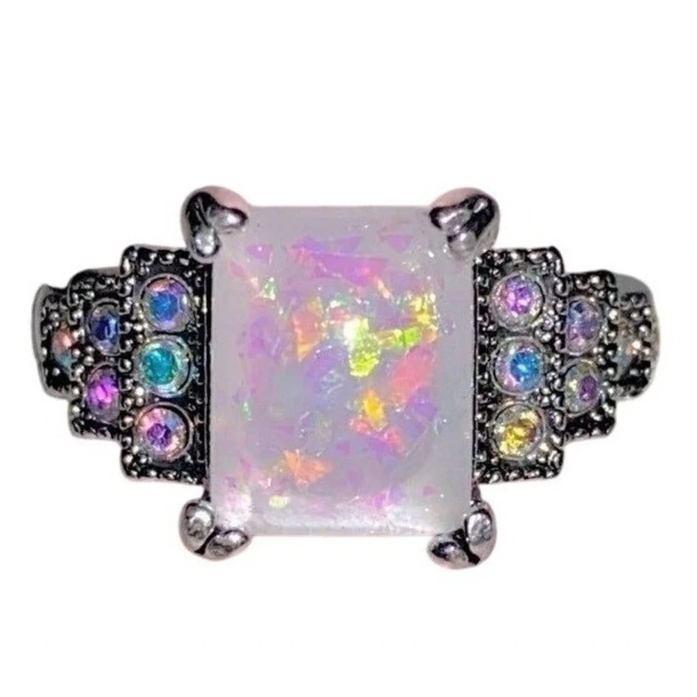 New Sz 9 Silver Opal Tiered Cluster Statement Square Cocktail Ring